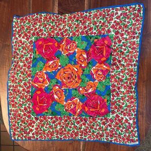 VTG Adrienne Vittadini Floral Silk Scarf Rose Print Blue Border 34”